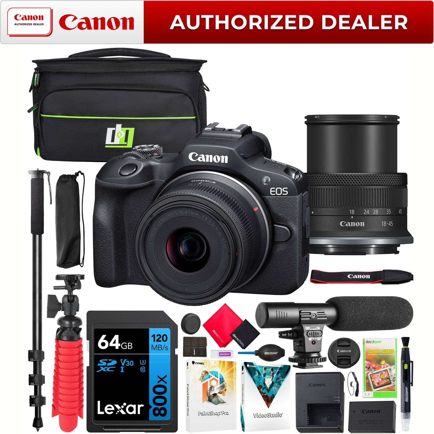 Canon AUTHORIZED DEALER

Canon EOS F-518-45mm LENS 1456 CANON IS SIM 18 24 28 35 Canon 18-45 6 Canon sd 120 64GB MB/s V30 6 I Lexar 800x

- Screen_GUARD 3.5
- Canon CARoR
- dhans
- PallnishepPre VideoStudlo
- CLt A1
- canon