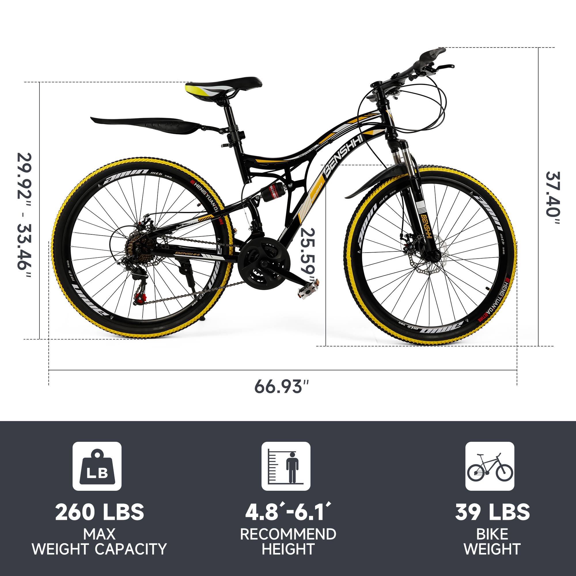 29.92" - 33.46"  
25.59"  
37.40"  
66.93"  

260 LBS MAX WEIGHT CAPACITY  
4.8' - 6.1' RECOMMEND HEIGHT  
39 LBS BIKE WEIGHT
