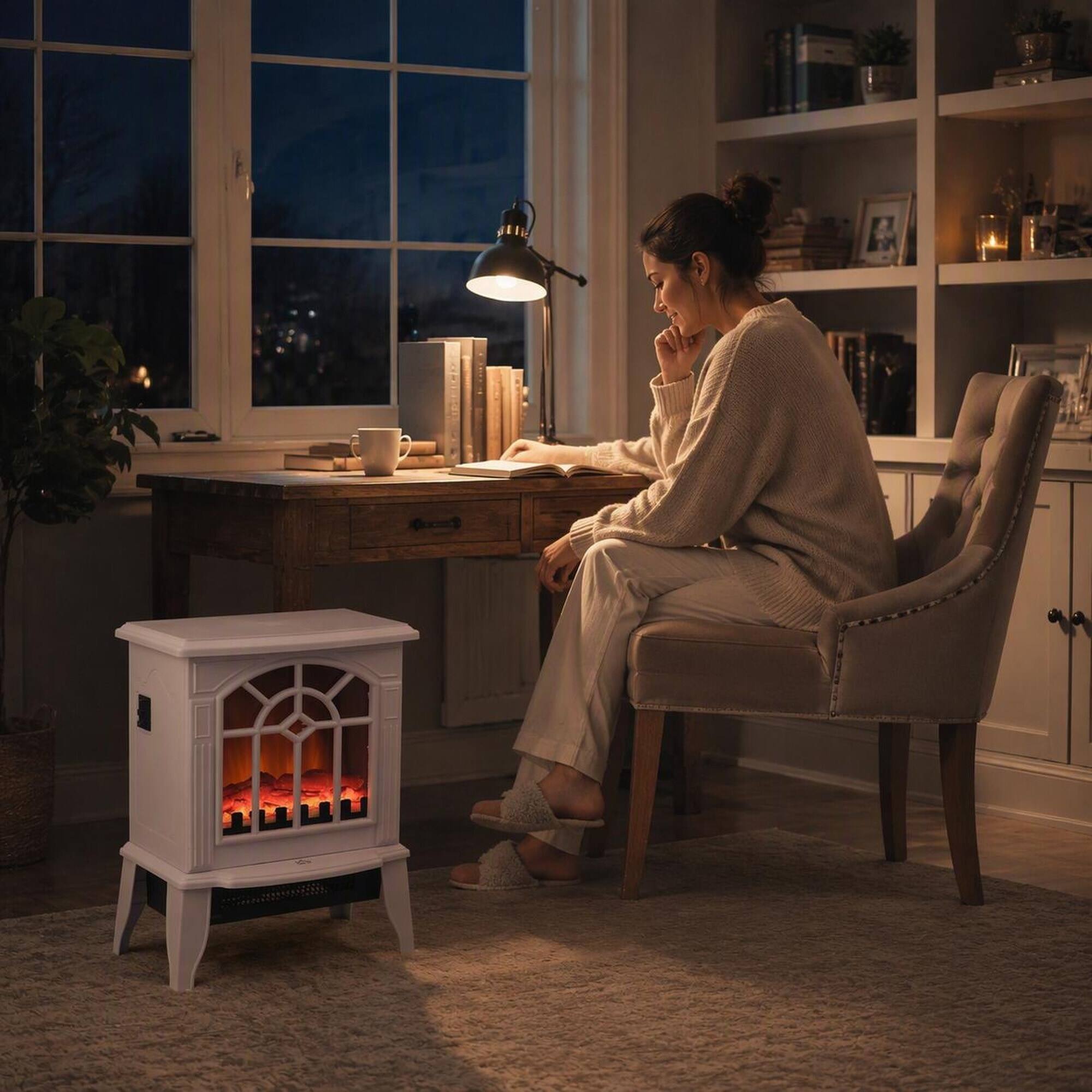 Left. RYHNUYNE - Freestanding Electric Fireplace Heater, 18-Inch Compact Stove with Realistic Flame Effect, Adjustable 750W/1500W Heat - White.
