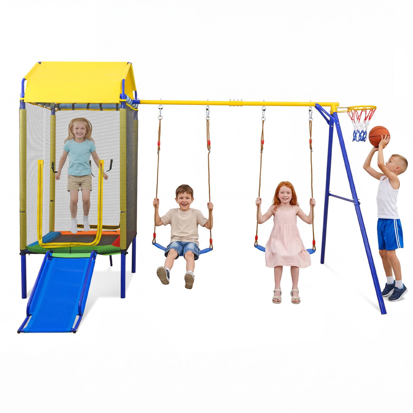 Alt View 9. Gymax - Gymax 5-in-1 Kids Swing Set w/Trampoline Roof 2 Belt Swings Slide Ladder for Children - Yellow.