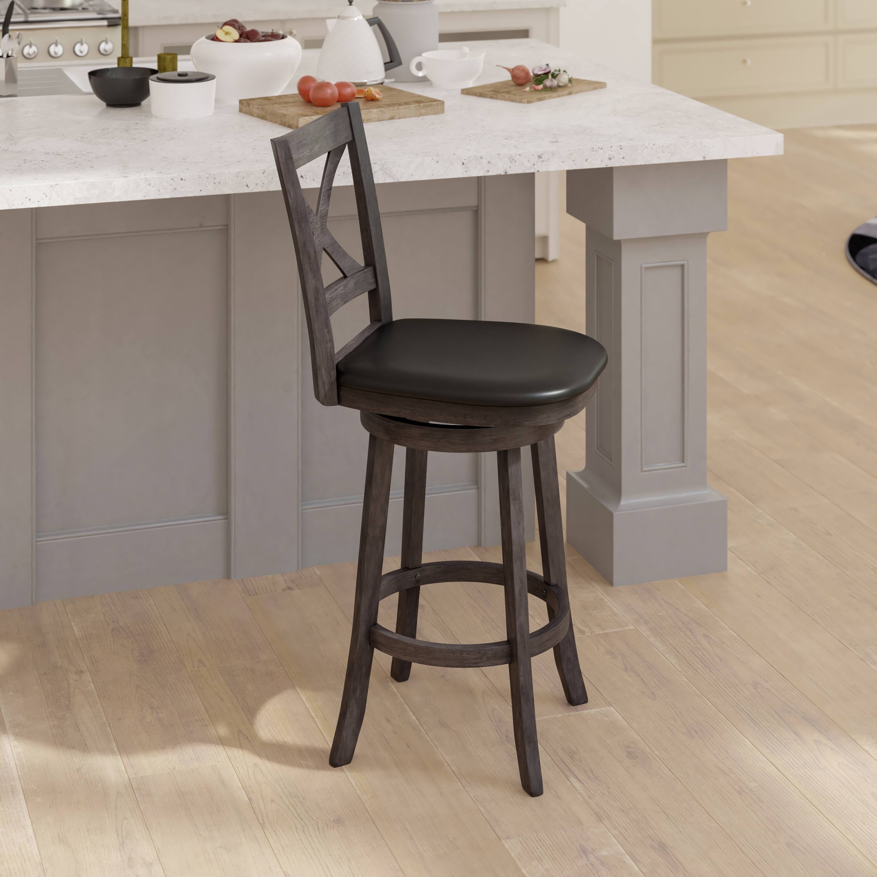 Alt View 4. Emma + Oliver - Luc Wooden Crossback Pub Style Barstool with Padded Faux Leather Swivel Seat - Black Vinyl/Gray Wash Walnut Frame.