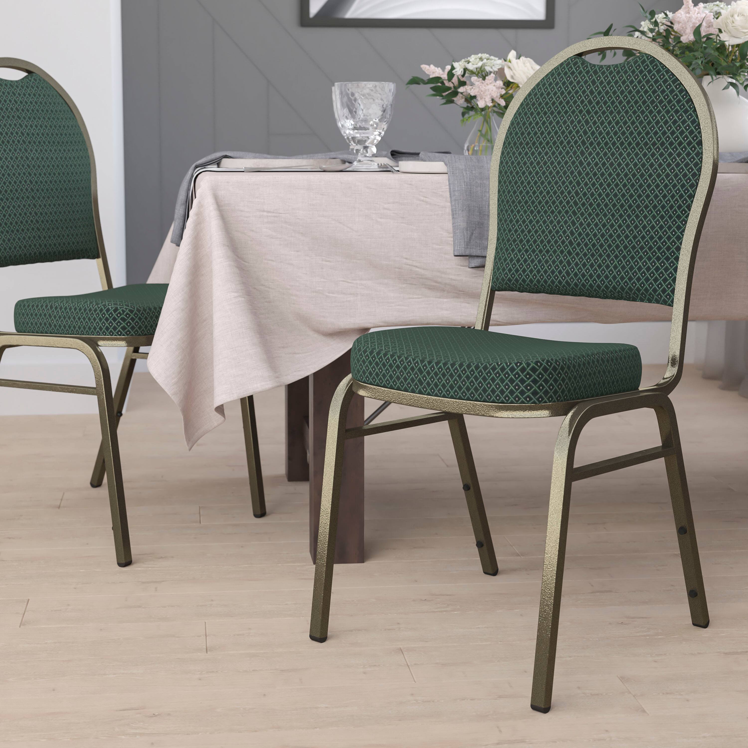 Alt View 1. Emma + Oliver - Dome Back Stacking Banquet Dining Chair - Green Patterned Fabric/Gold Vein Frame.