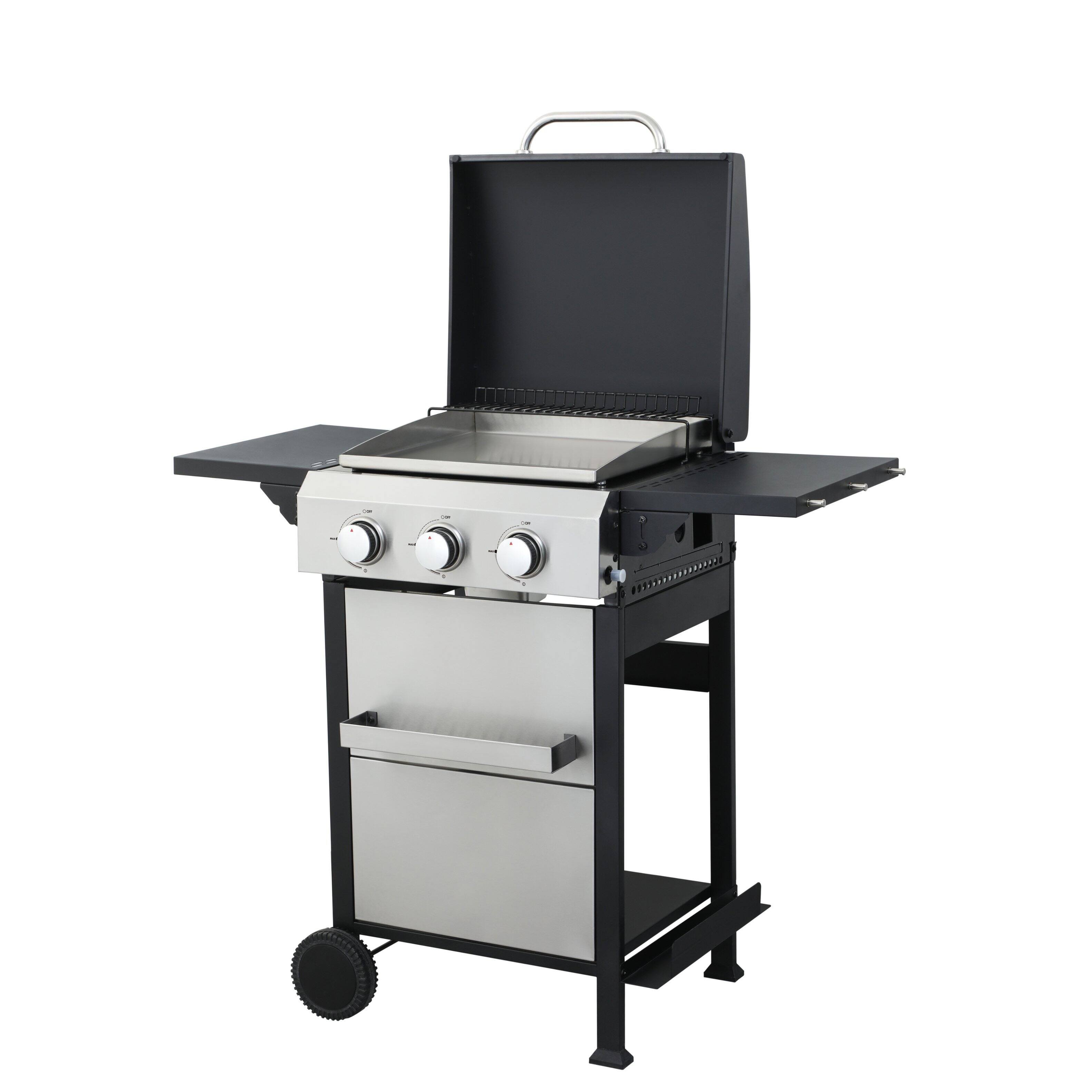 Angle. COWLOWN - 3 Burner Propane Gas Grill with SS Plancha 36900 BTU Enamel Grates Foldable Side Table Hanging Basket.