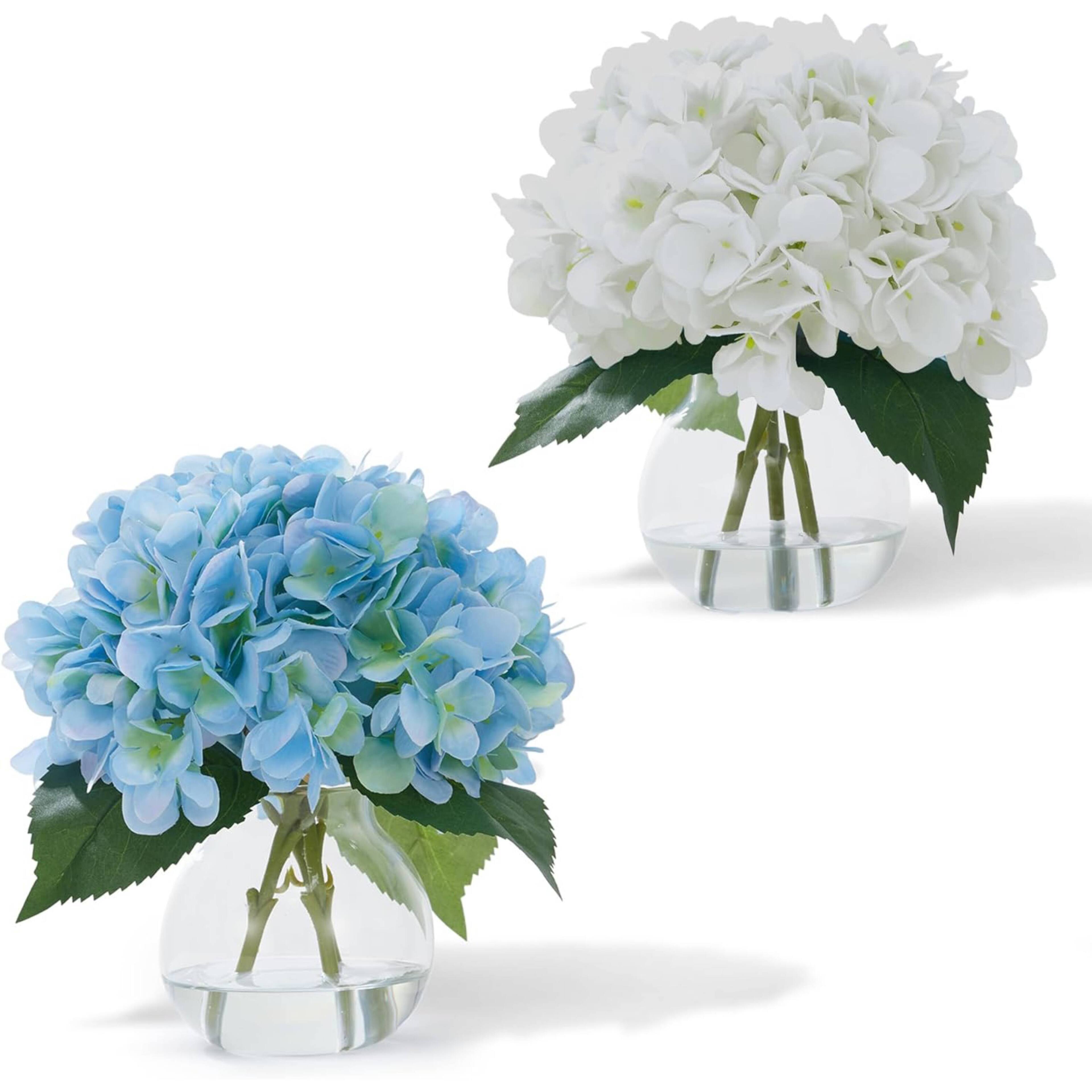 Acekool - 2 Pack White+Blue Artificial Hydrangea Flowers in Glass Vase with Faux Water for Home Decor