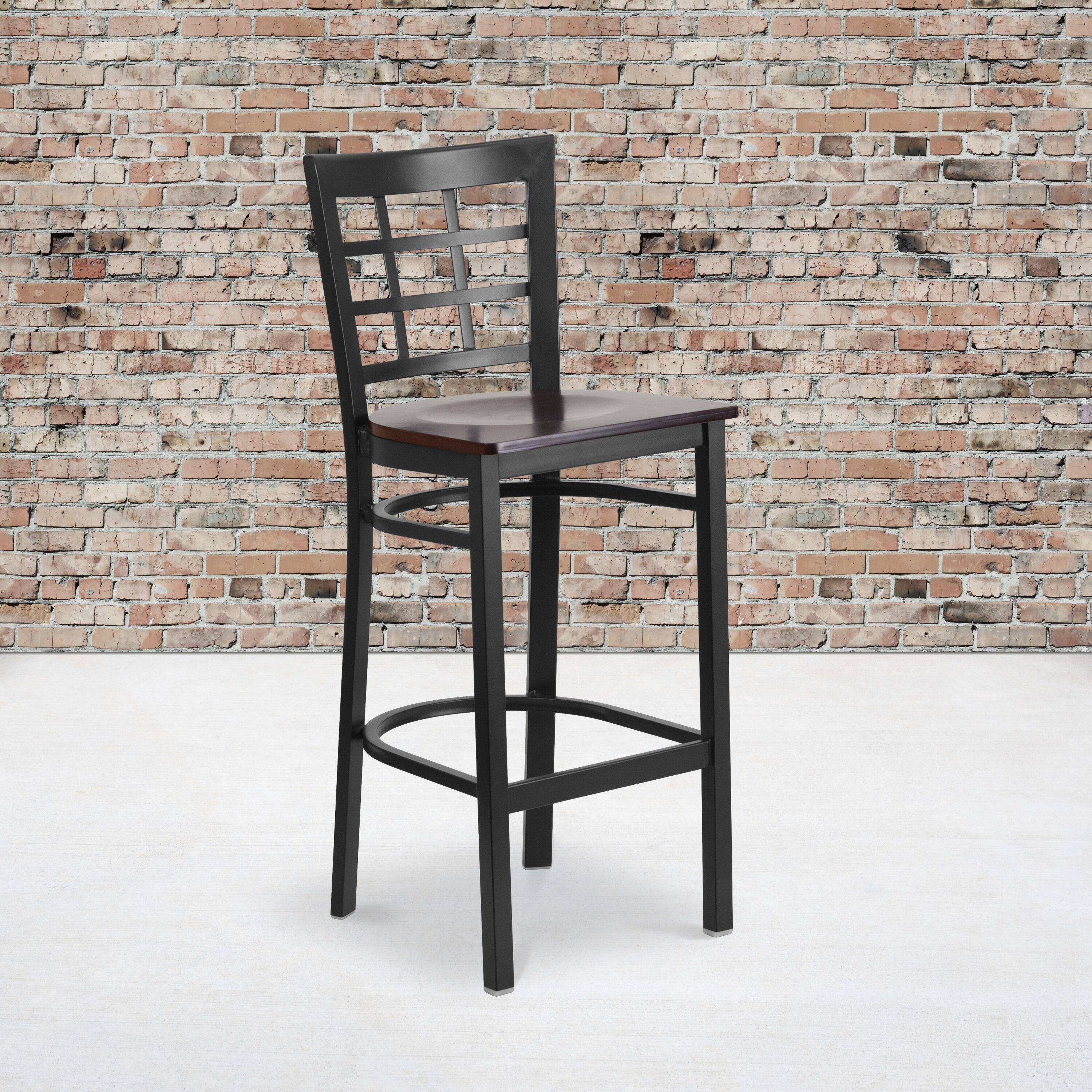 Angle. Flash Furniture - HERCULES Series Black Window Back Metal Restaurant Barstool - Walnut Wood Seat - Brown.