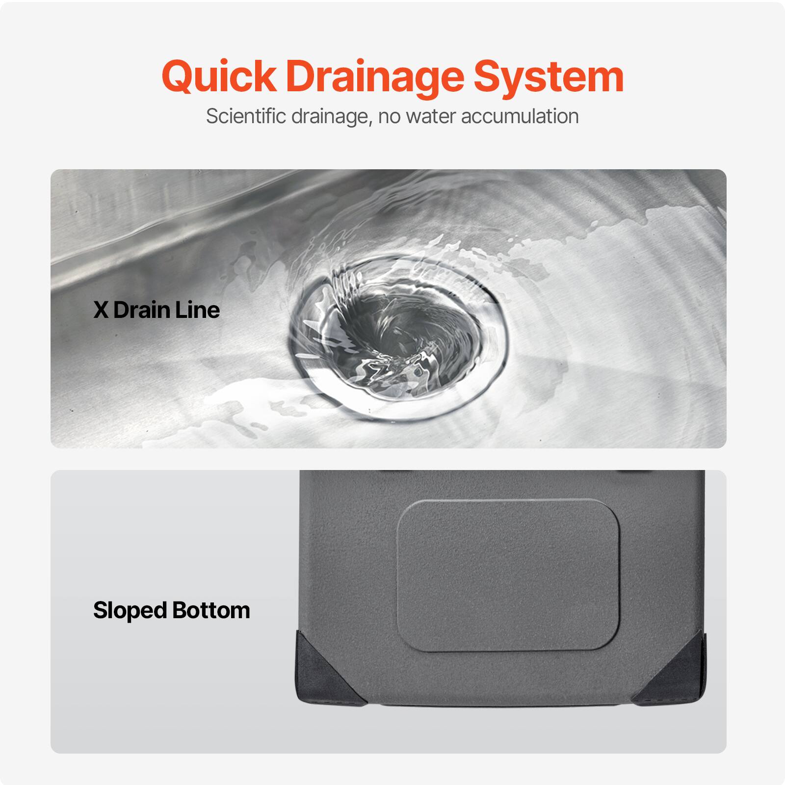 Quick Drainage System
Scientific drainage, no water accumulation
X Drain Line
Sloped Bottom