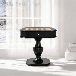 Bothwa Home - Wood Pedestal Game Table with Reversible Chess Checkers Backgammon Top and Storage Drawer - Black