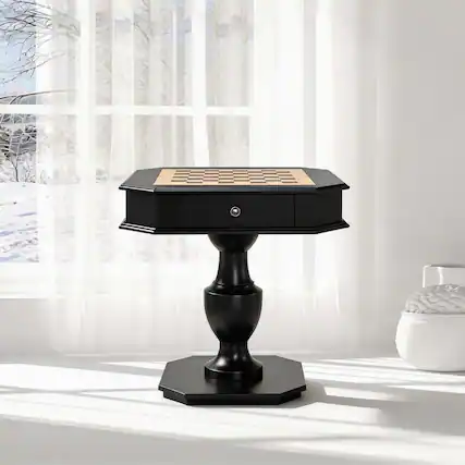 Front. Bothwa Home - Wood Pedestal Game Table with Reversible Chess Checkers Backgammon Top and Storage Drawer - Black.