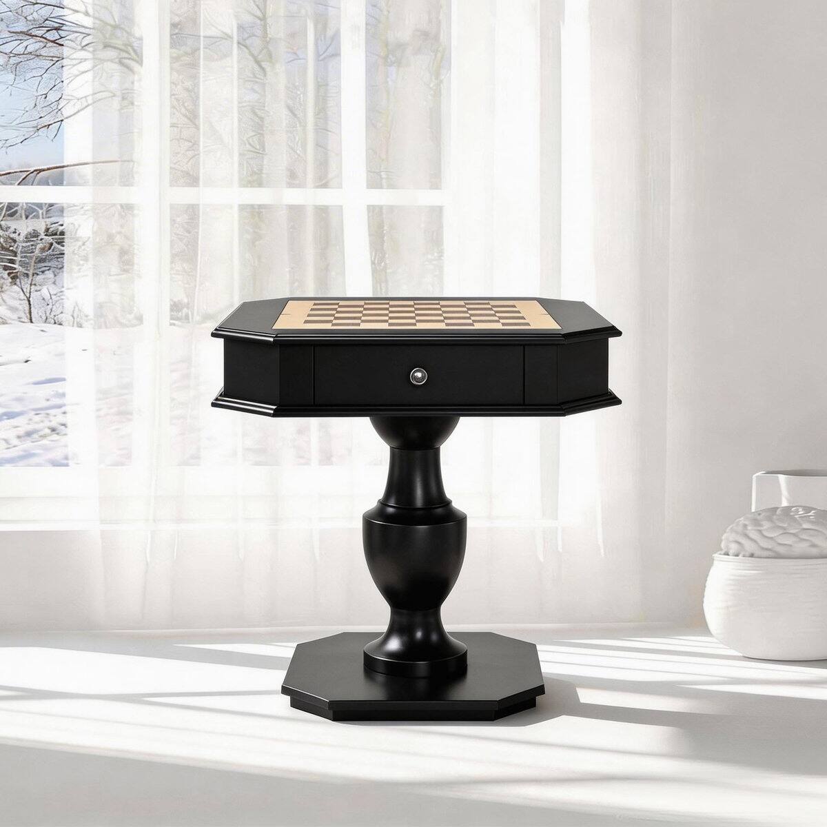 Front. Bothwa Home - Wood Pedestal Game Table with Reversible Chess Checkers Backgammon Top and Storage Drawer - Black.