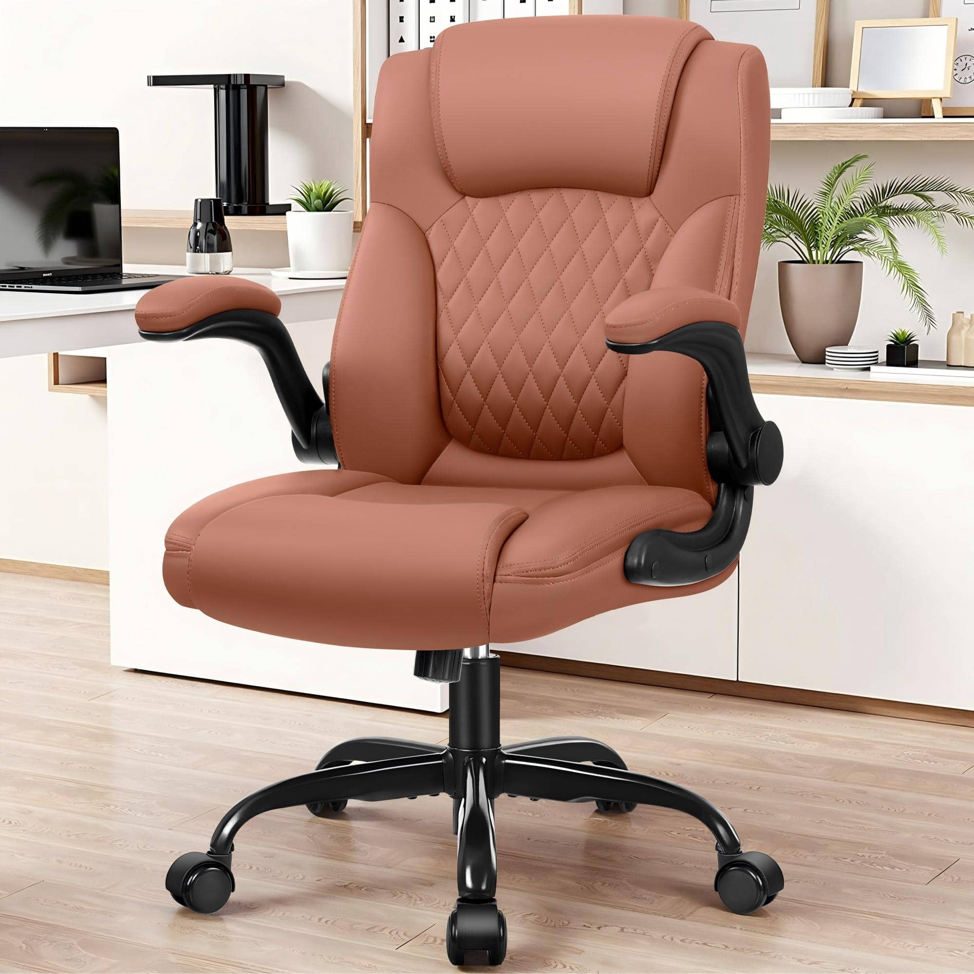KERDOM - Small Ergonomic Office Chair, PU Leather Computer Desk Chair w Lumbar Support, 360° Swivel & Adjustable Armrests - Brown