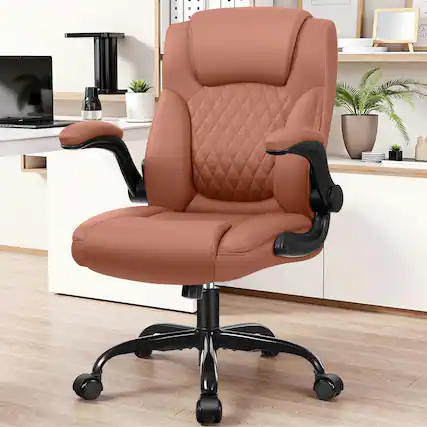 Front. KERDOM - Small Ergonomic Office Chair, PU Leather Computer Desk Chair w Lumbar Support, 360° Swivel & Adjustable Armrests - Brown.