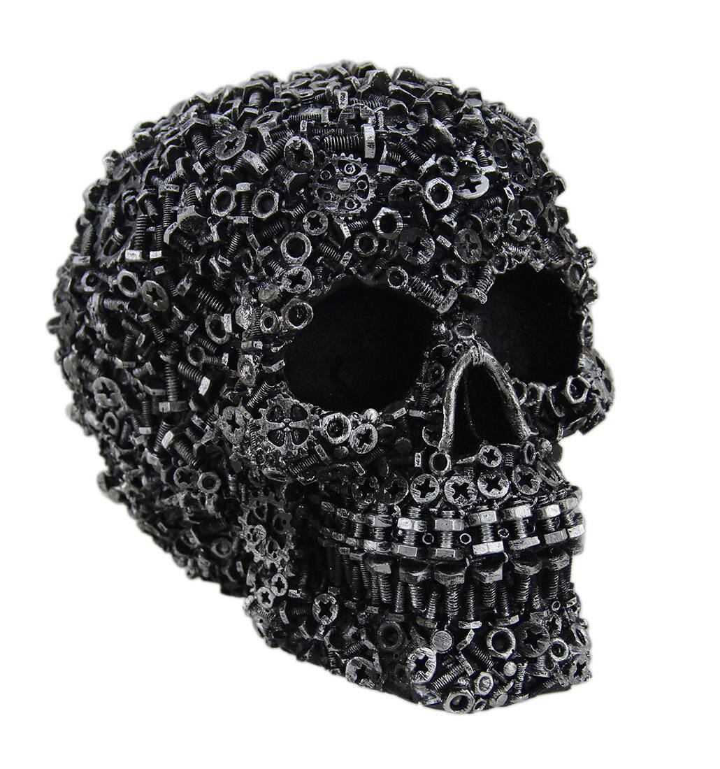 Front. Zeckos - Scrap Head Steampunk Junk Pile Nuts & Bolts Covered Skull Statue 6 inch - Silver.