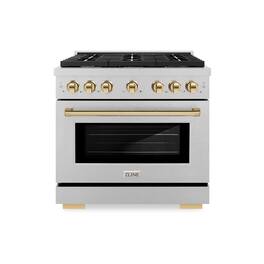 ZLINE - Autograph 36 in. Paramount Dual Fuel Satin Steel Range w/ 6 Burners & Gold Accents (SDRSZ-36-G) - Stainless Steel