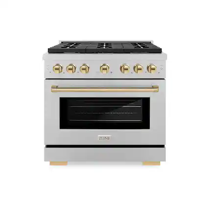 Front. ZLINE - ZLINE Autograph 36 in. Paramount Dual Fuel Satin Steel Range w/ 6 Burners & Gold Accents (SDRSZ-36-G) - Stainless Steel.