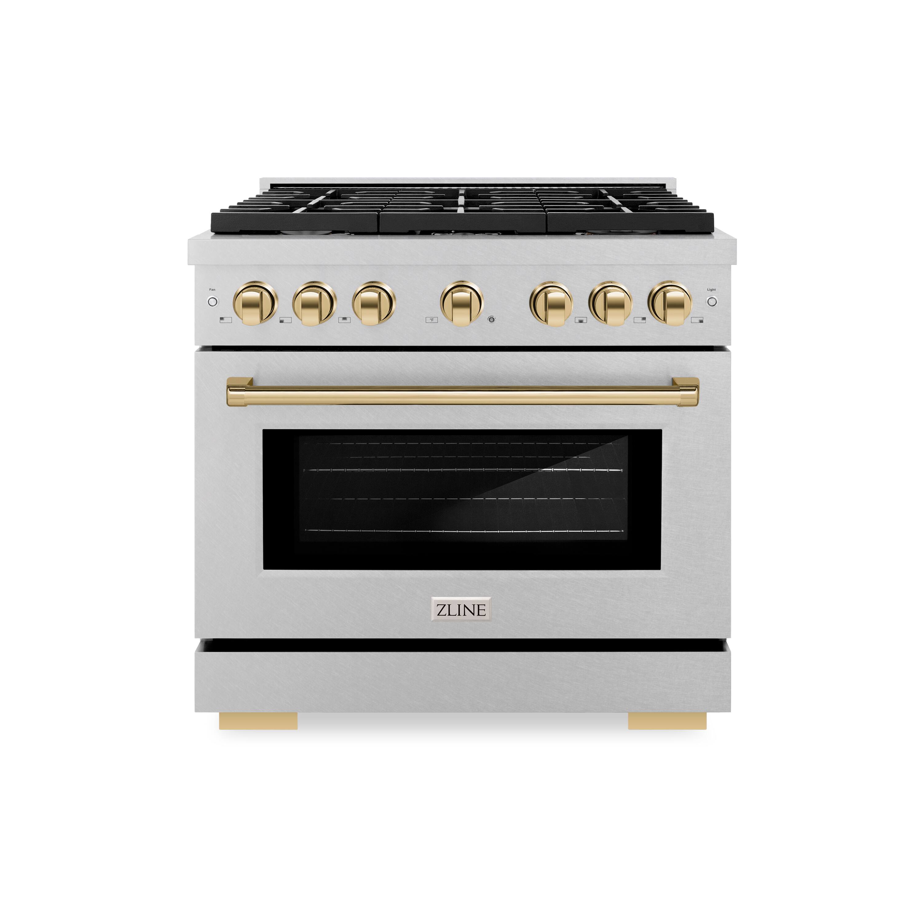 Front. ZLINE - ZLINE Autograph 36 in. Paramount Dual Fuel Satin Steel Range w/ 6 Burners & Gold Accents (SDRSZ-36-G) - Stainless Steel.