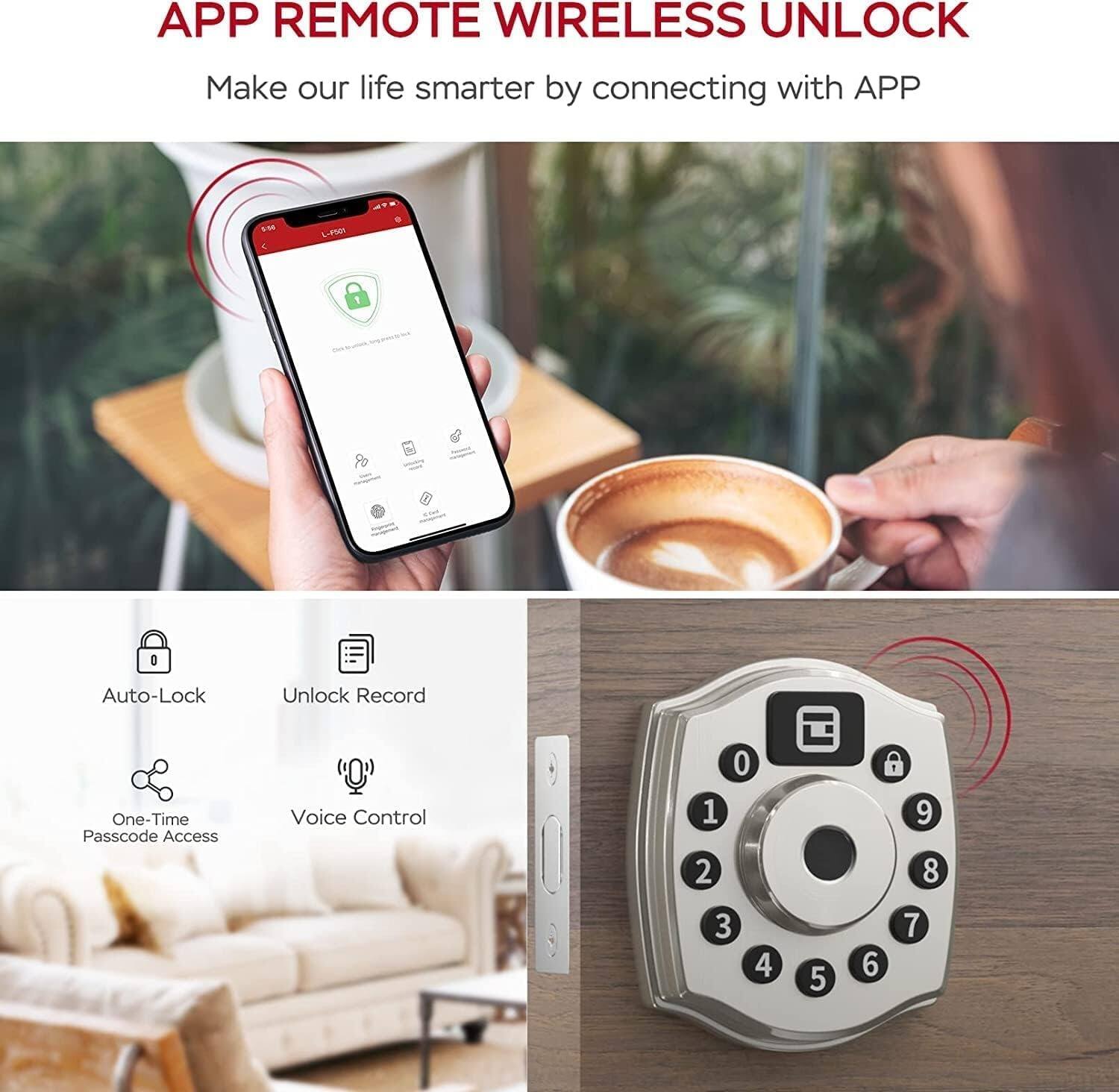 APP REMOTE WIRELESS UNLOCK  
Make our life smarter by connecting with APP  

- Auto-Lock  
- Unlock Record  
- One-Time Passcode Access  
- Voice Control  

0 1 2 3 4 5 6 7 8 9