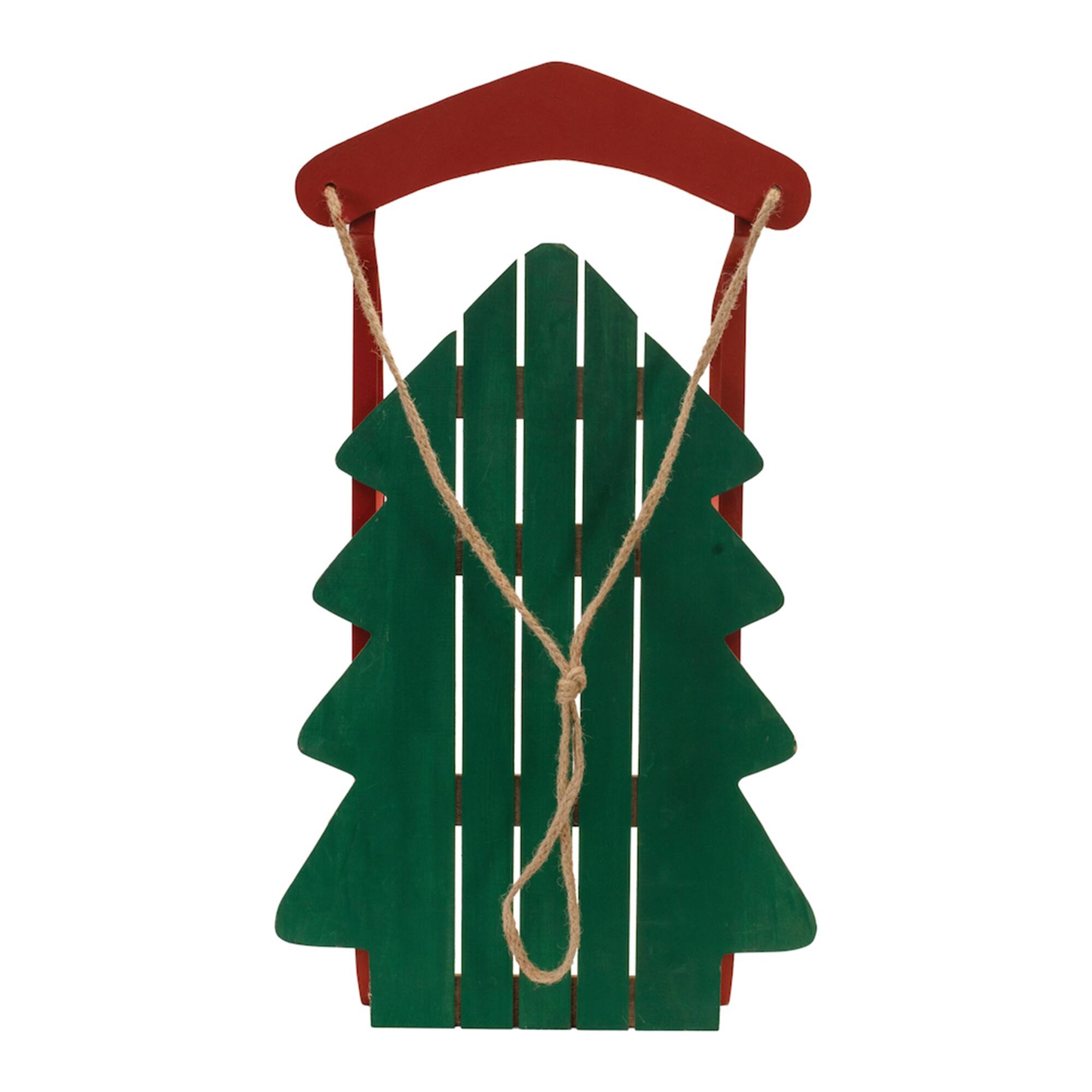 BreeBe - Wood Pine Tree Sled Decor 29.5"H - Green, Red