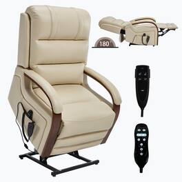 LUCKY ONE - Faux Leather Power Lift Recliner Chair with Infinite Position, Massage and Solid Wood Armrests - Beige