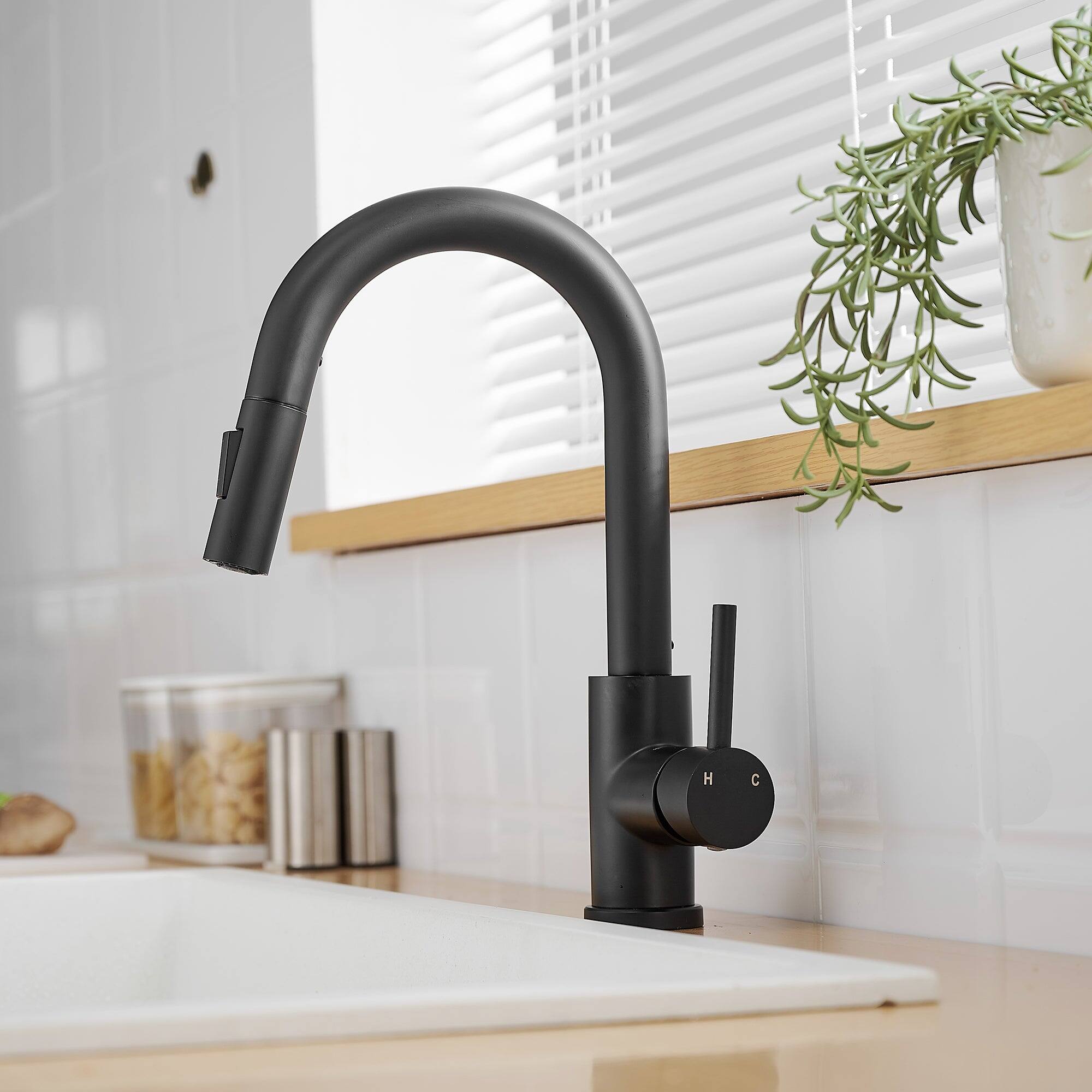 Angle. Boyel Living - Matte Black Single Handle Pull Down Bar Faucet with Water Supply Hoses and Ceramic Disc Cartridge - Matte Black.