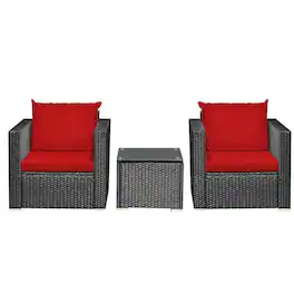 Pefilos - 3 Pieces Patio Wicker Conversation Set, Patio Outdoor Furniture Conversation Sets with Coffee Table and Cushions - Red