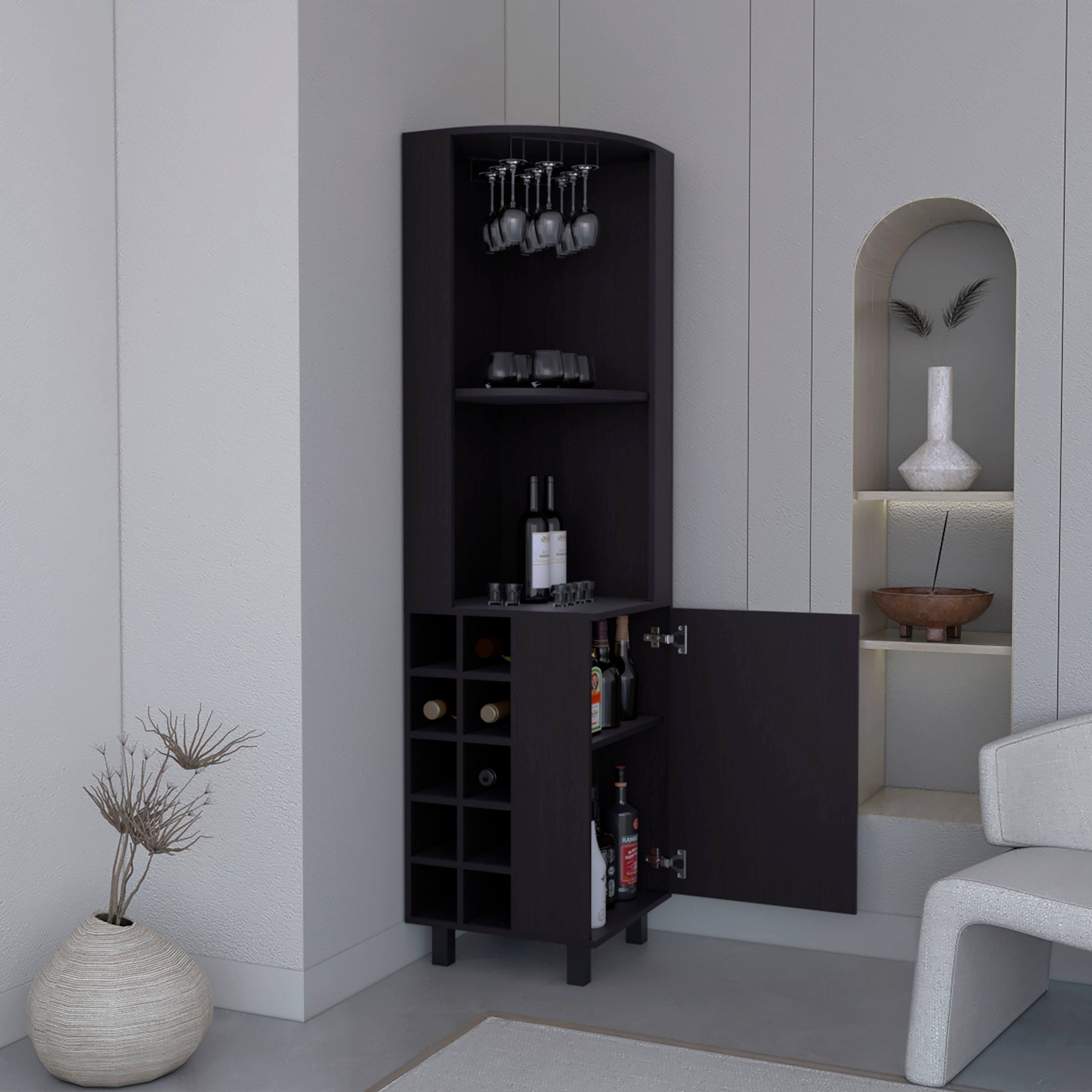 Alt View 1. TuHome - Kaia Tall Corner Bar Cabinet with Four Shelves, Ten Wine Bottle Cubbies and Stemware - Black.