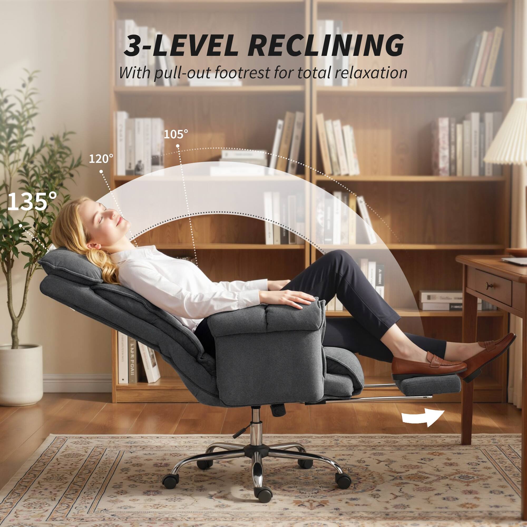 3-LEVEL RECLINING  
With pull-out footrest for total relaxation

105°  
120°  
135°
