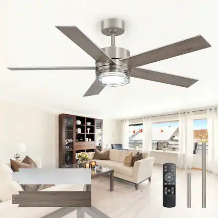 Front. Breezary - 52-Inch LED Ceiling Fan with 5 Reversible Blades, Dimmable 3-Color Light, Quiet DC Motor & Remote, 6&10" Downrods - 52-Inch Brushed Nickel.