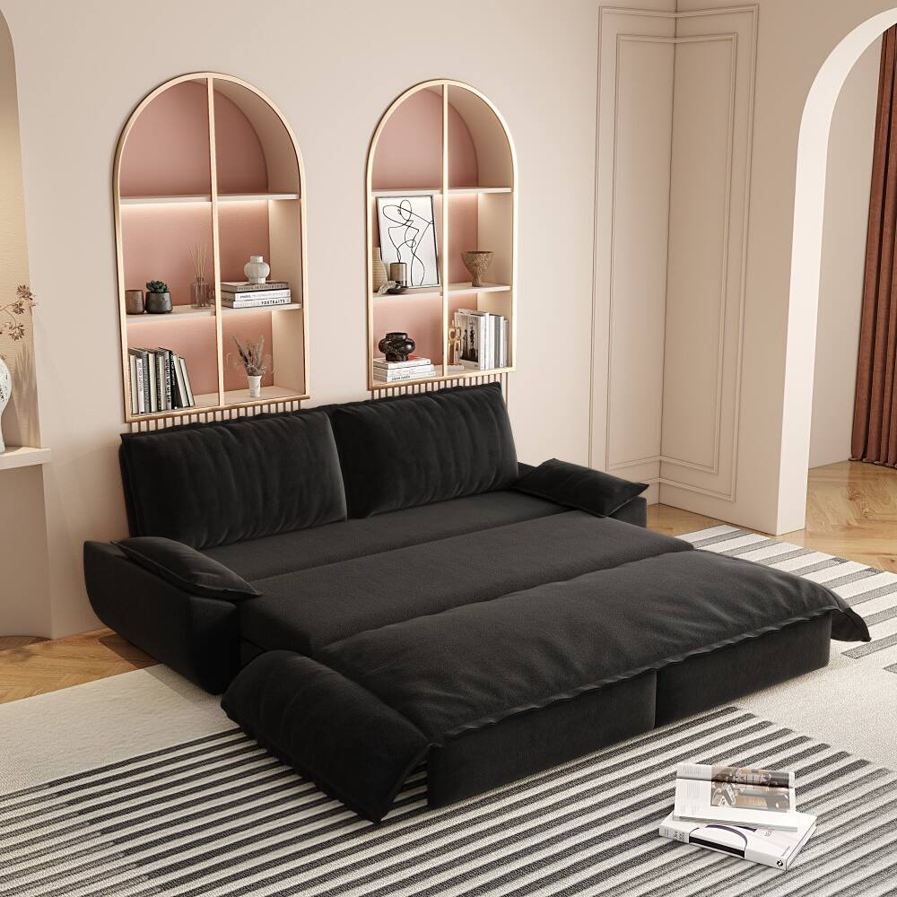 Angle. JUJABU - 73.2" Queen Pull Out Sofa Bed, 3-in-1 Convertible Sleeper Sofa, Black Velvet Loveseat Bed - Black.