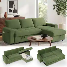 Dyonery - 81" L-Shaped Sleeper Sofa Bed, Corduroy with Pull-Out Bed, USB Ports, Storage & Adjustable Backrest,Green - Corduroy + Green