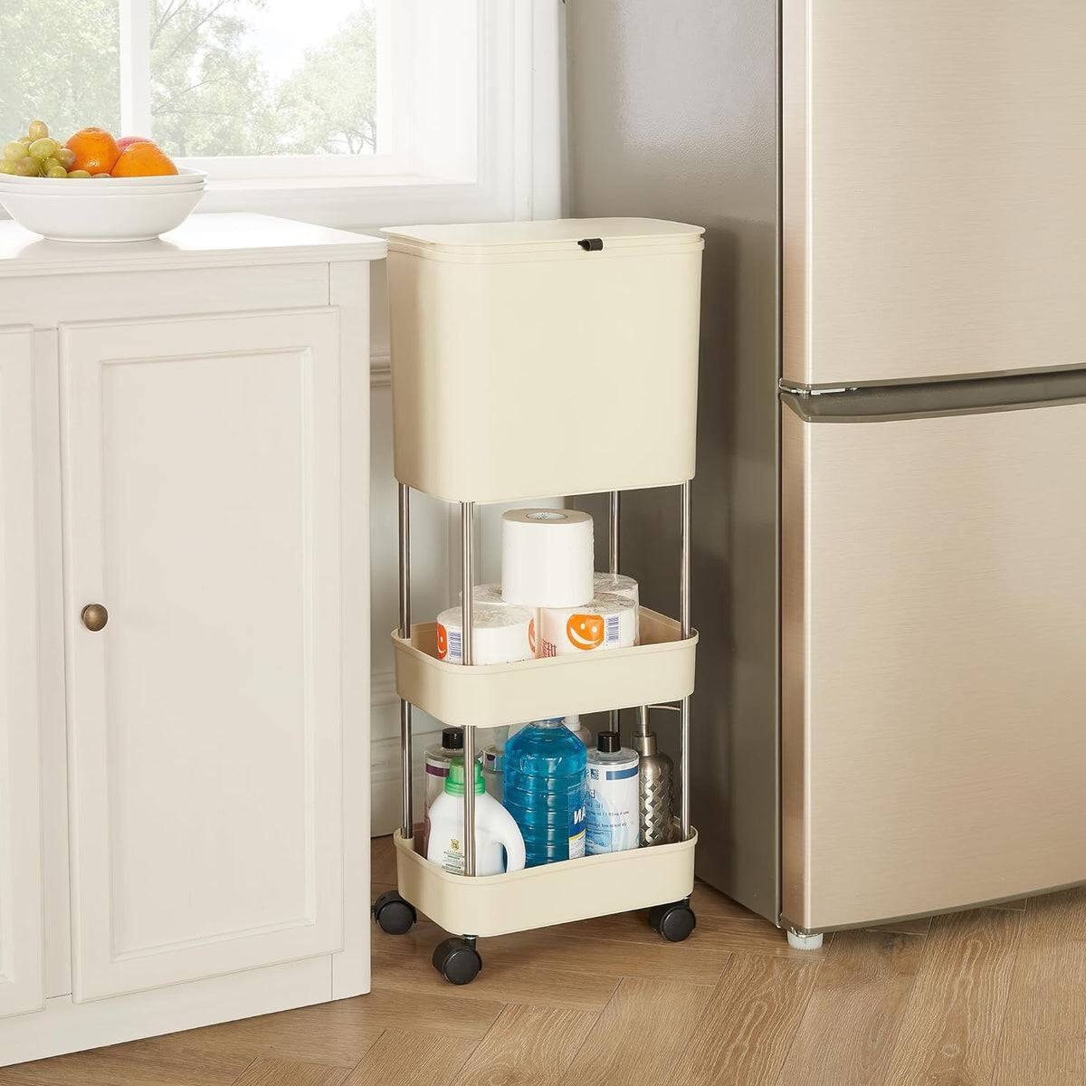 Left. Hivvago - 5 Gallon Mobile Elevated Kitchen Trash Can with Lid in Cream with Wheels - Cream.