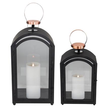 Front. Melrose - Set of 2 Black Metal Dome Lanterns with Copper Handle 20" - Black.