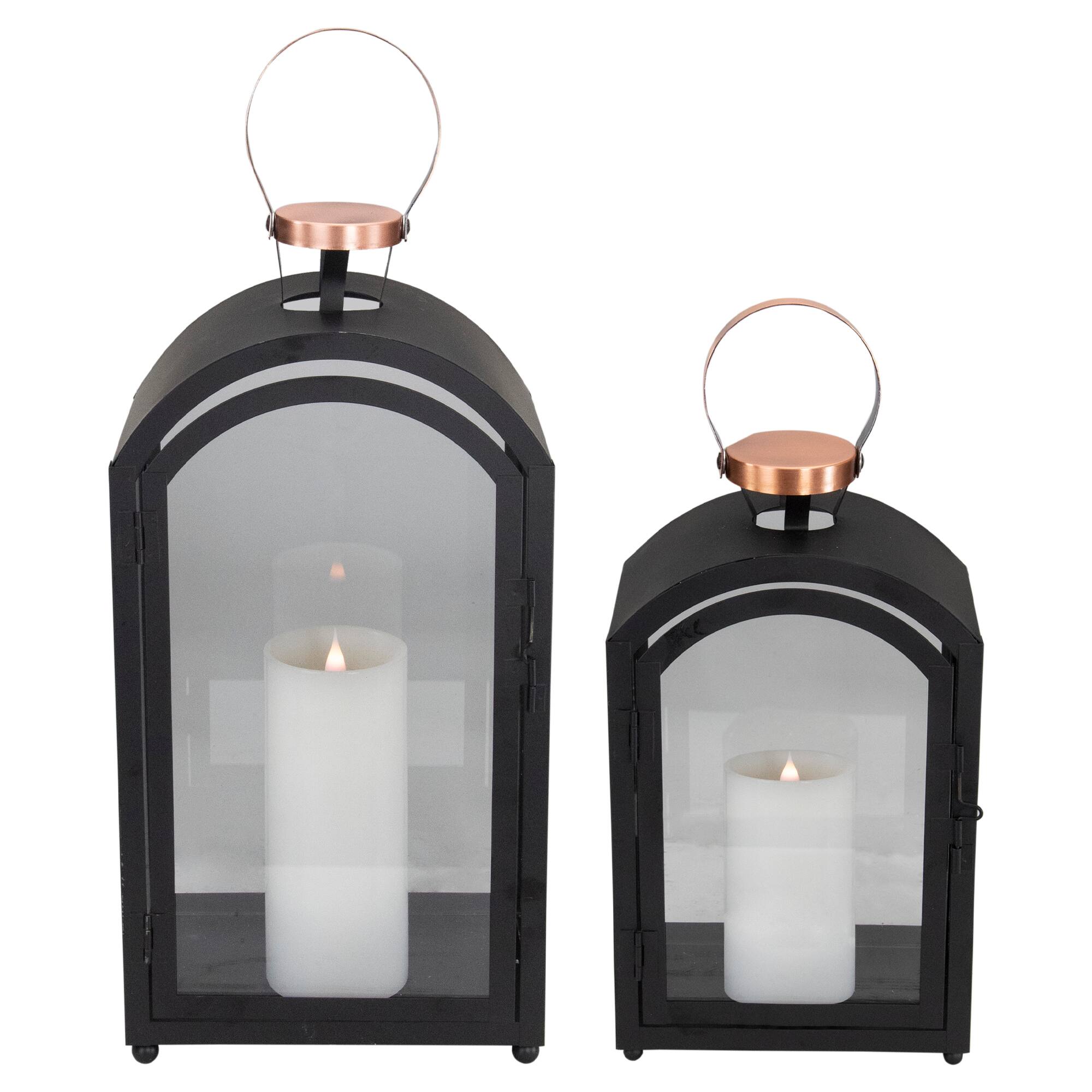 Front. Melrose - Set of 2 Black Metal Dome Lanterns with Copper Handle 20" - Black.