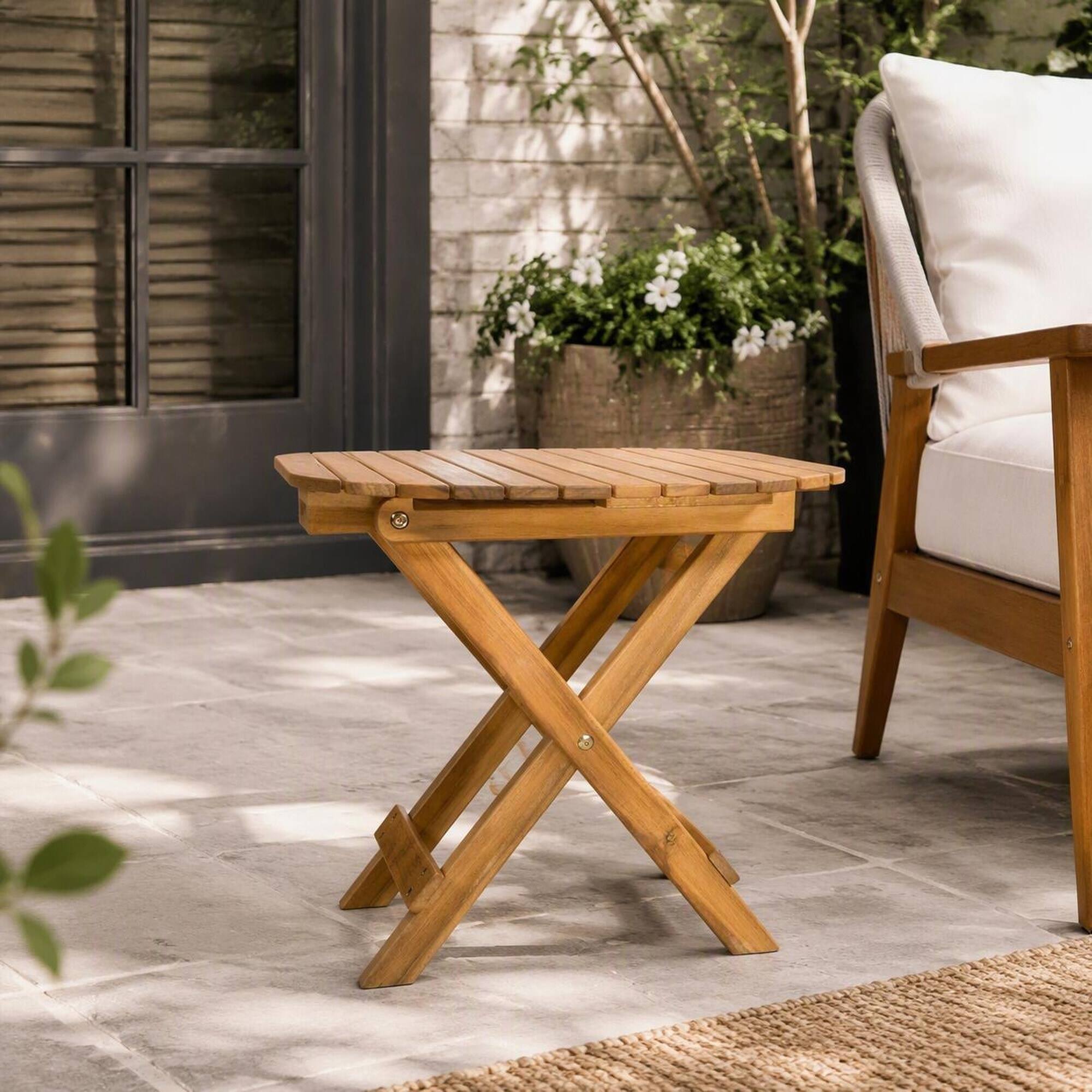 Alt View 1. RYHNUYNE - Outdoor Folding Round Side Table Solid Acacia Wood Portable Patio End Table for Backyard Balcony Garden - Teak.