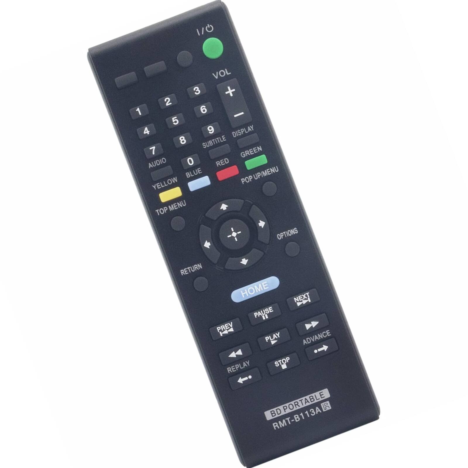 1/0 VOL 3 + 2 1 6 - 5 4 9 DISPLAY 8 SUBTITLE 7 GREEN AUDIO 0 RED BLUE POP UP/MENU YELLOW TOP MENU OPTIONS RETURN HOME NEXT PAUSE " PREV PLAY ADVANCE REPLAY STOP BD PORTABLE R RMT-B113A