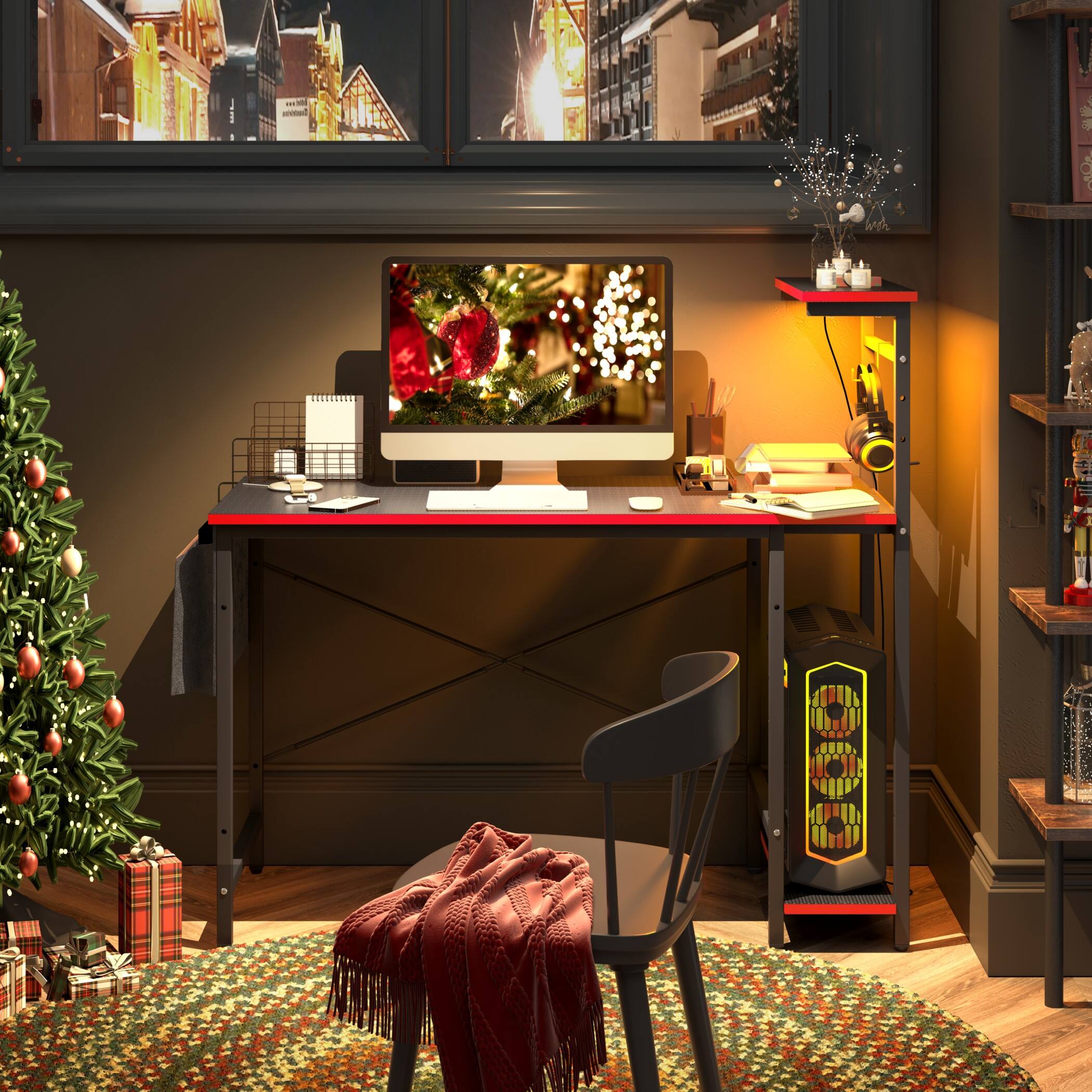 Alt View 2. Bestier - 44 inch Gaming Desk with LED Lights, Reversible Storage Shelves & Side Storage Bag for Small Space - Black Carbon Fiber.