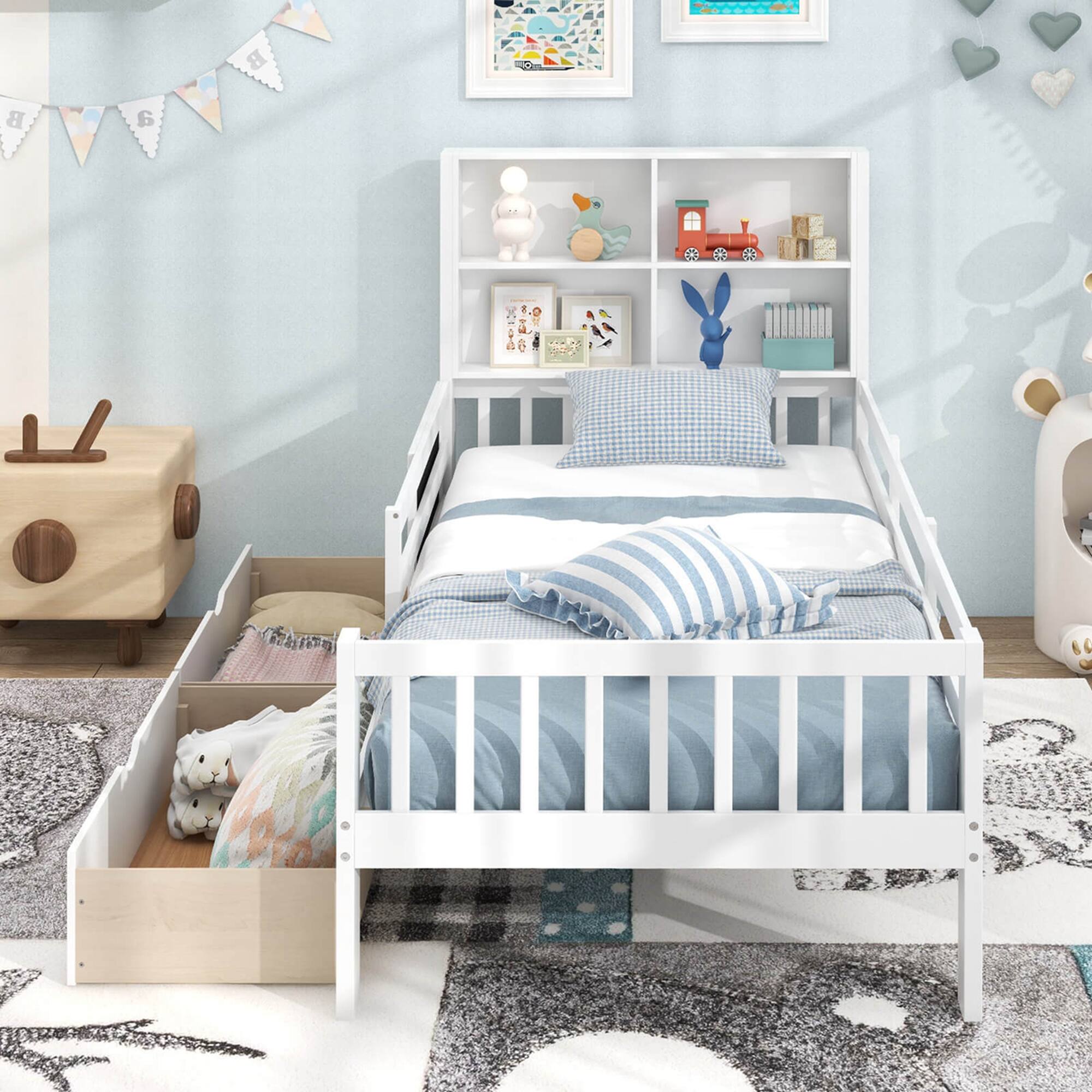 Alt View 3. Costway - Costway Twin Size Bed Frame with 2 Drawers Bookcase & Blackboard Full-length Guardrails - White.