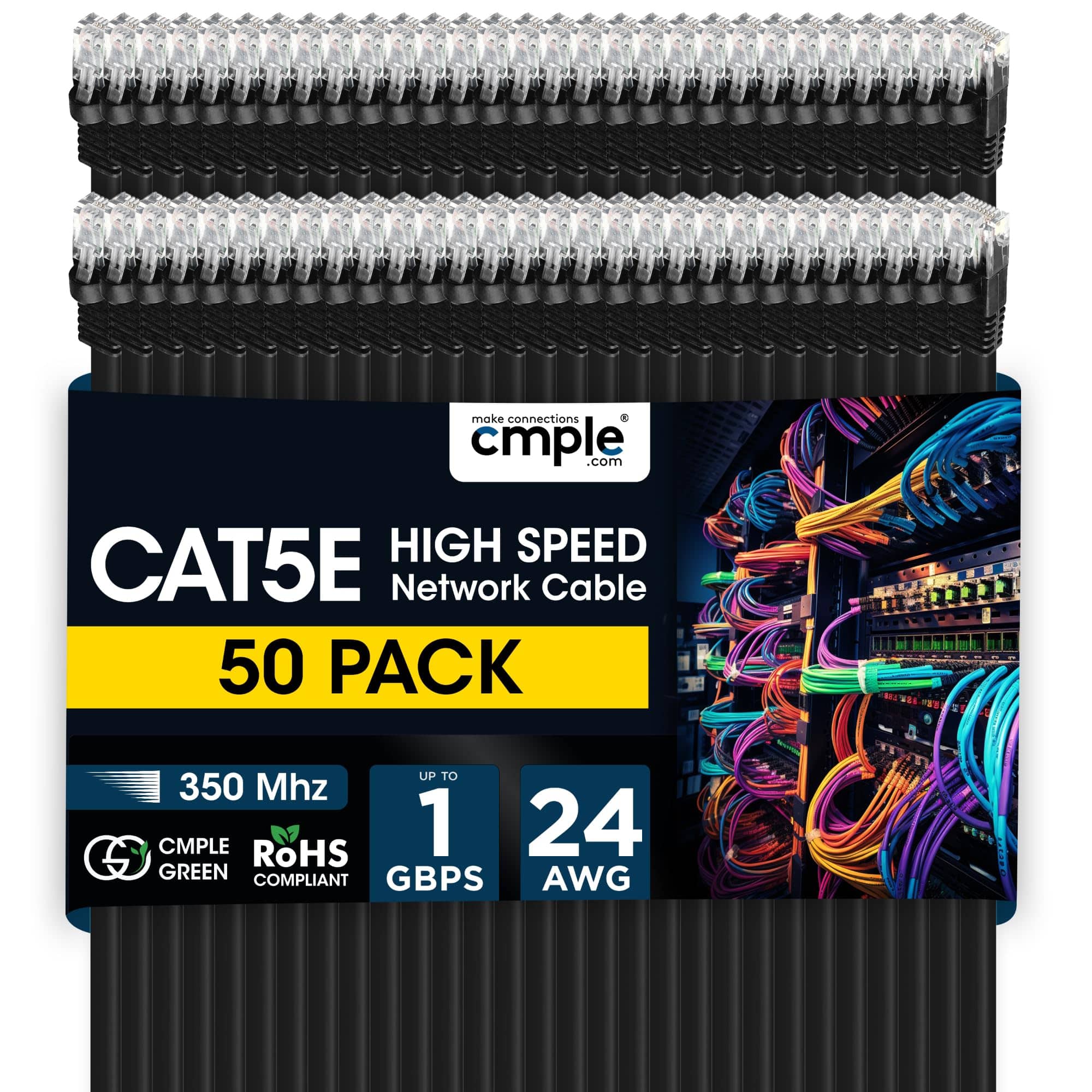 Cmple.com - Cmple - 50 Pack Cat 5e Ethernet Cable 1.5 ft 1Gbps Cat5e Patch Cord, RJ45 Connectors 350MHz Internet Cables - Black