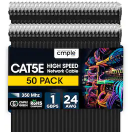 Cmple.com - Cmple - 50 Pack Cat 5e Ethernet Cable 1.5 ft 1Gbps Cat5e Patch Cord, RJ45 Connectors 350MHz Internet Cables - Black