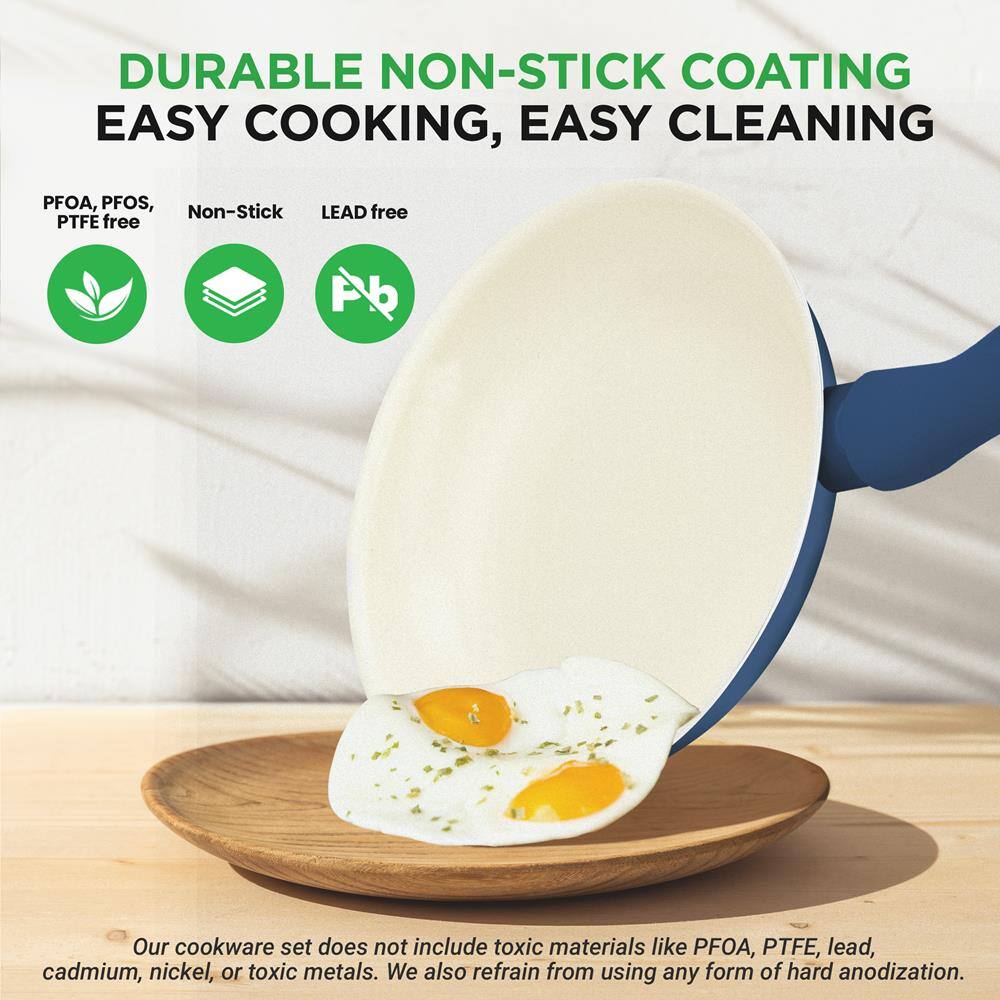 DURABLE NON-STICK COATING  
EASY COOKING, EASY CLEANING  

PFOA, PFOS, PTFE free  
Non-Stick  
LEAD free  

Our cookware set does not include toxic materials like PFOA, PTFE, lead, cadmium, nickel, or toxic metals. We also refrain from using any form of hard anodization.