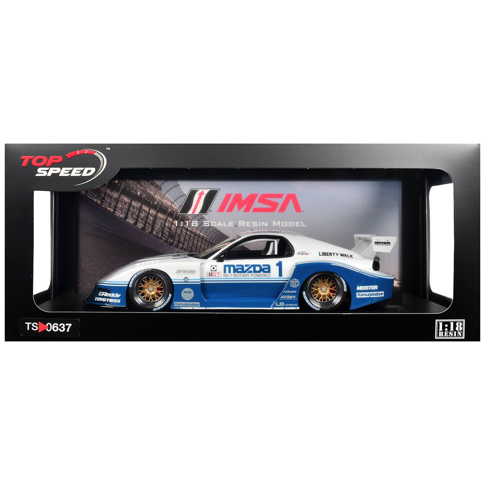 TOP SPEED  
IMSA 1:18 SCALE, RESIN MODEL  
1 MITHERS  
GReddy TOYO TIRES  
Appless LIBERTY WALK WORK MAZDA 1 RX7 ROTARY POWERED MEISTER NGK GRadds ANNEX  
Kamui produce  
Kamui produce WORKS  
TS 0637  
1:18 RESIN