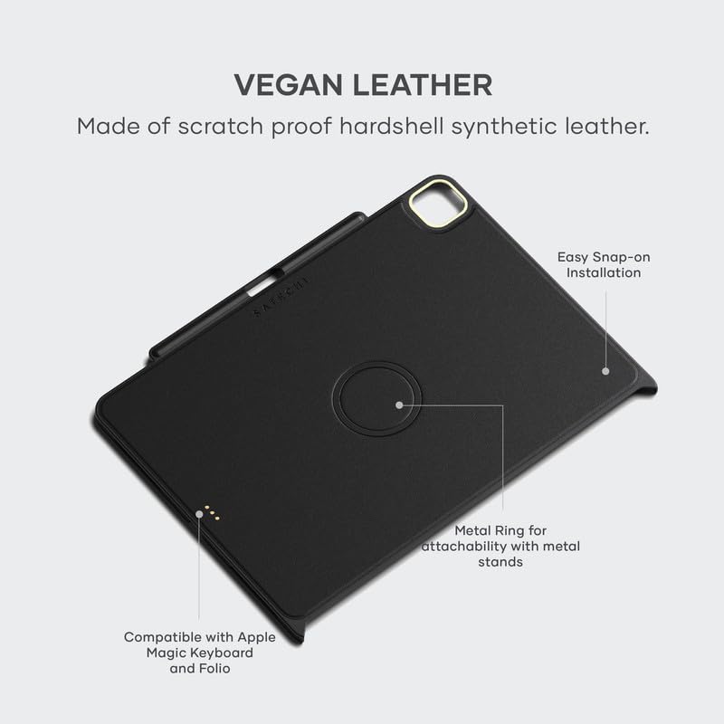 VEGAN LEATHER  
Made of scratch proof hardshell synthetic leather.  

Easy Snap-on Installation  

Metal Ring for attachability with metal stands  

Compatible with Apple Magic Keyboard and Folio