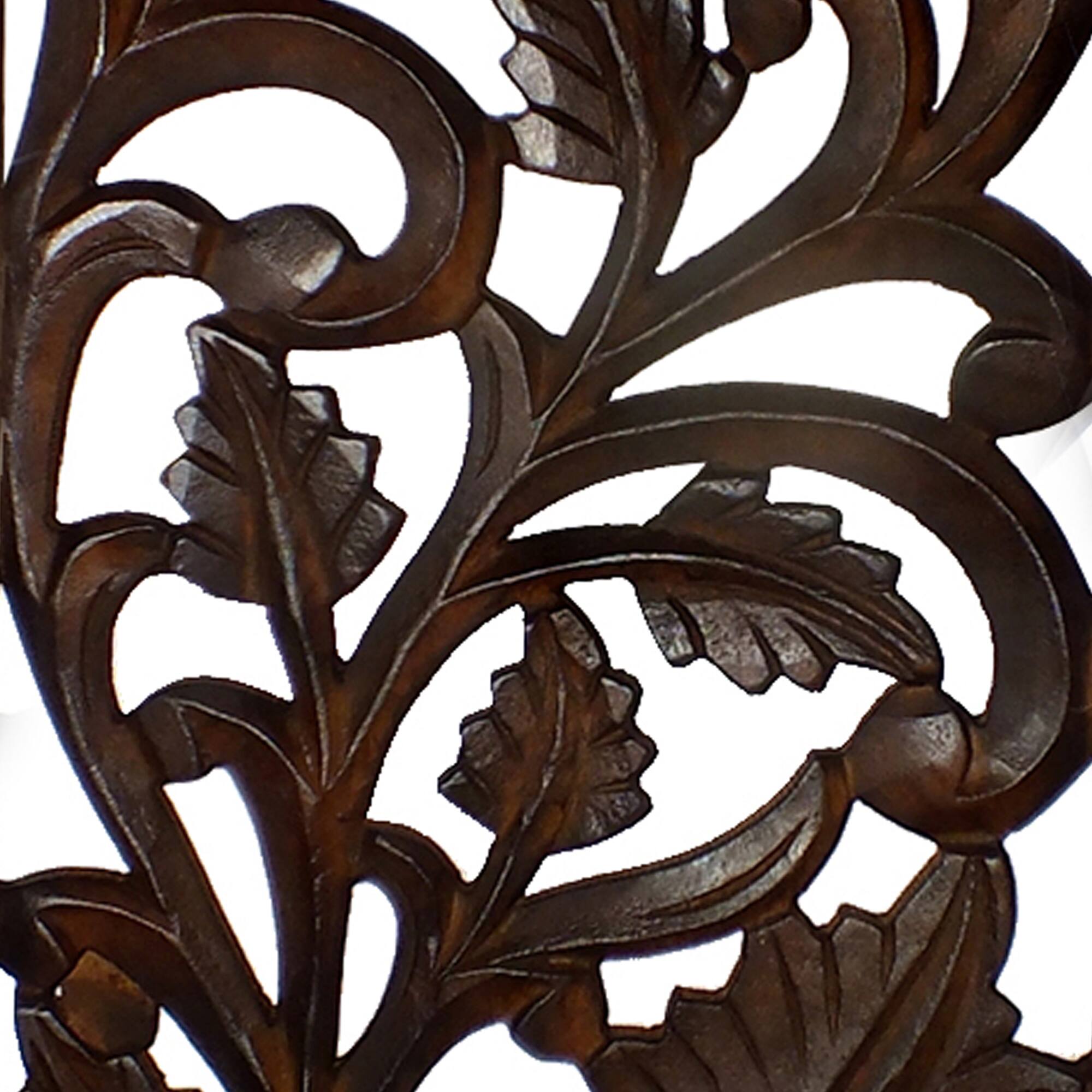 Angle. Manhattan Lane - Mango Wood Wall Panel Hand Crafted with Leaves and Scroll Work Motif - Brown.