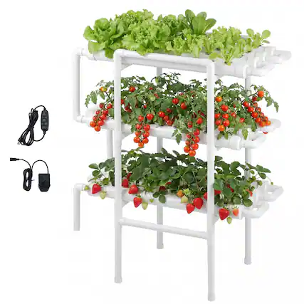 Front. VEVOR - Hydroponics Growing System Kit, 3-Tier 108 Sites UPVC Pipe Hydroponic Grow Kit with Timed Irrigation - White.