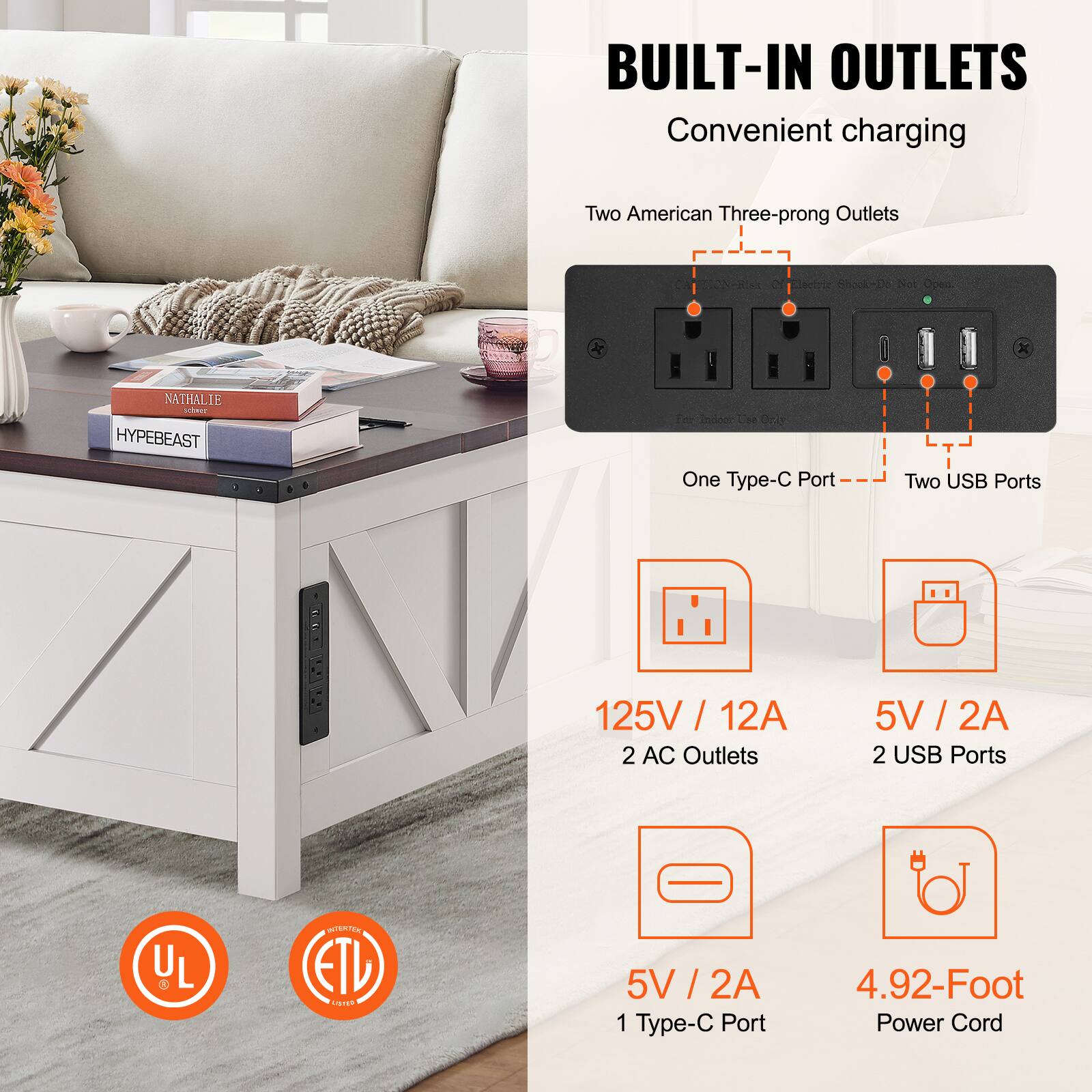 BUILT-IN OUTLETS  
Convenient charging  

Two American Three-prong Outlets  
One Type-C Port  
Two USB Ports  

125V / 12A  
2 AC Outlets  

5V / 2A  
2 USB Ports  

5V / 2A  
1 Type-C Port  

4.92-Foot Power Cord  

UL  
ETL