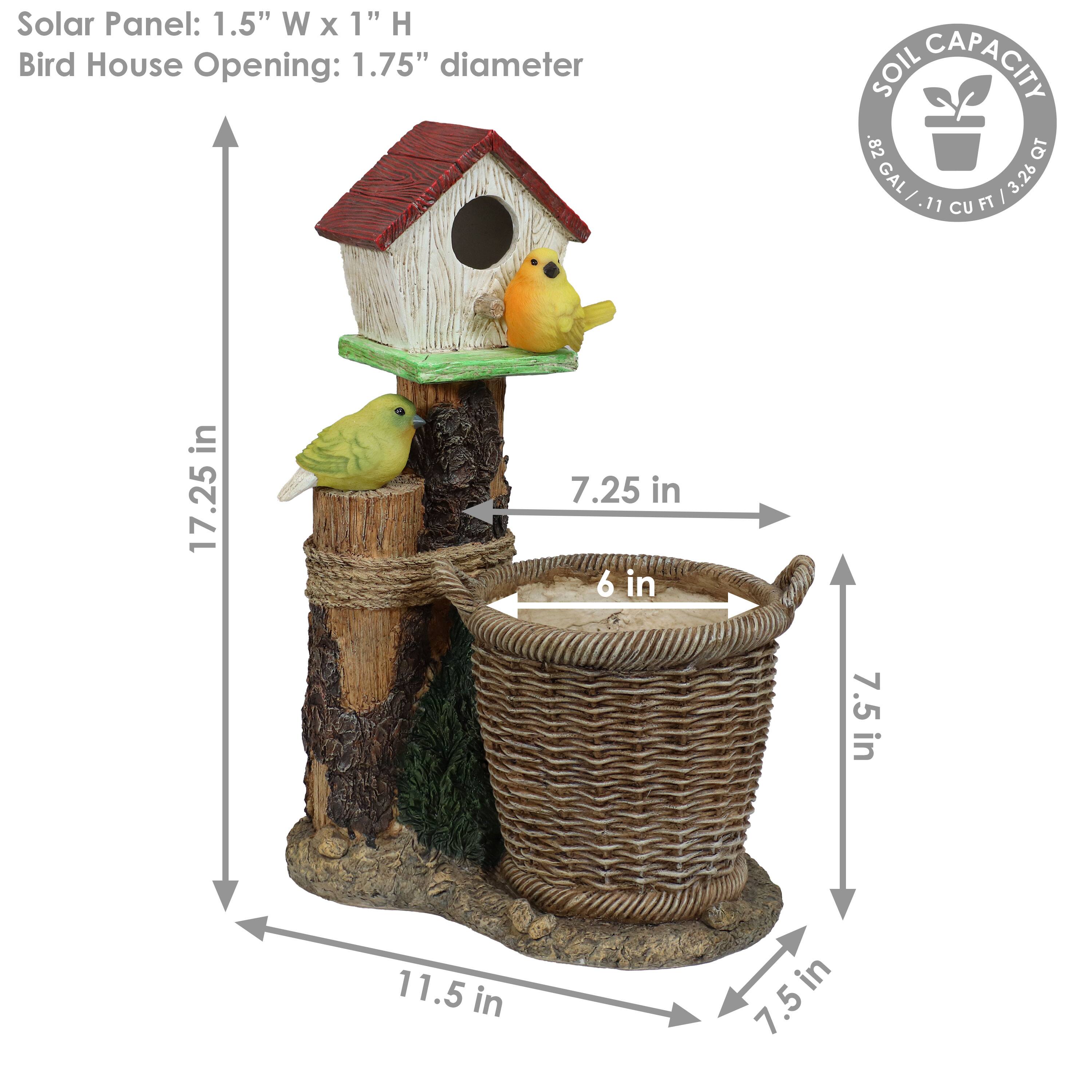 Solar Panel: 1.5" W x 1" H  
Bird House Opening: 1.75" diameter  

SOIL CAPACITY:  
.82 GAL / .11 CU FT / 3.26 L  

Dimensions:  
- Height: 17.25 in  
- Width: 7.25 in  
- Depth: 11.5 in  
- Basket Height: 7.5 in  
- Basket Width: 7.5 in  
- Basket Depth: 6 in