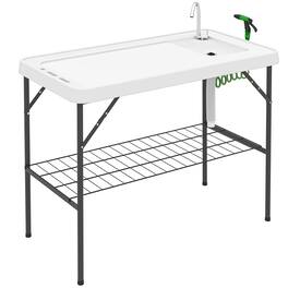 Outsunny - Fish Cleaning Table with Sink, Portable Camping Table with Faucet, Drainage Hose - White