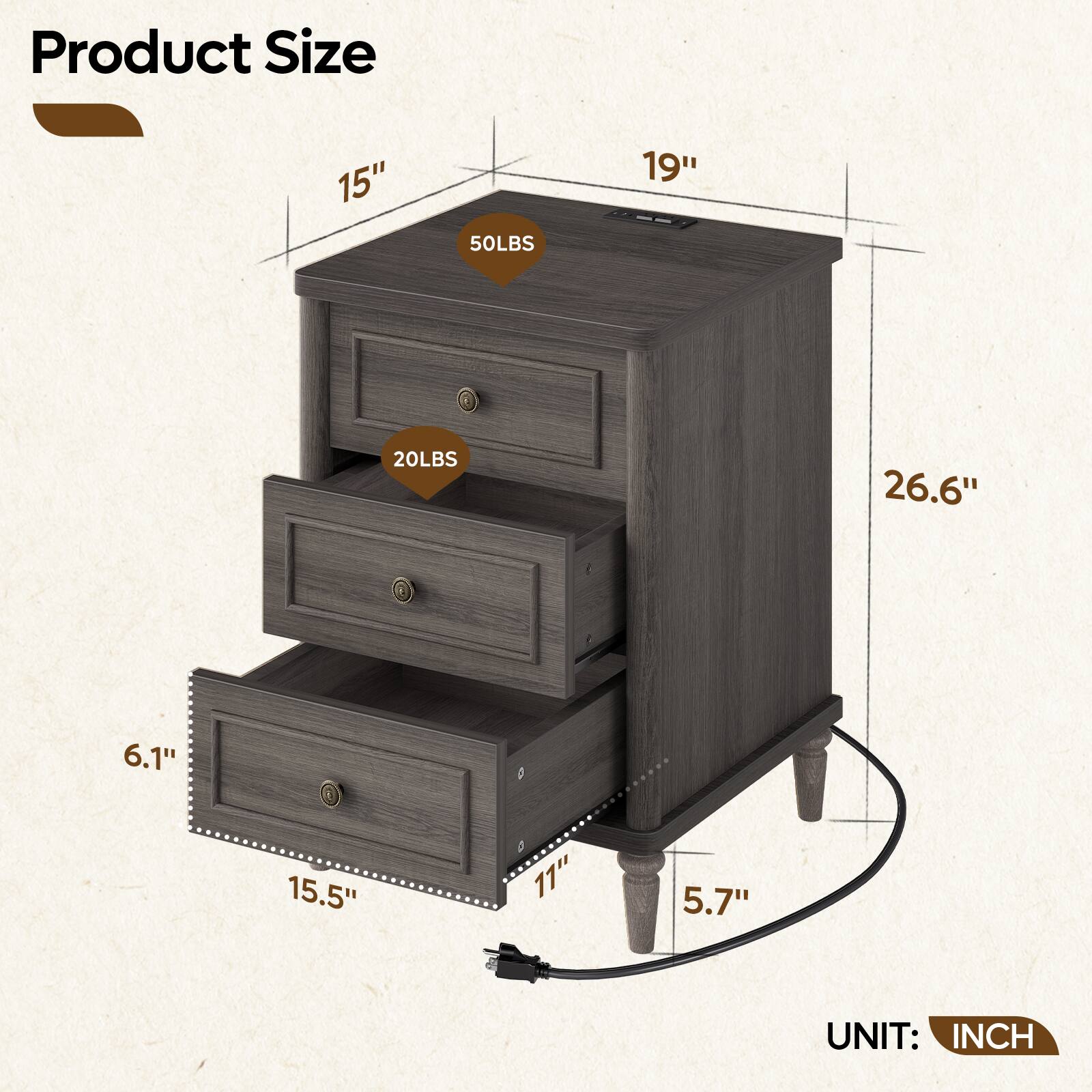 Product Size  
15" x 19" x 26.6"  
50LBS  
20LBS  
6.1" x 15.5" x 11" x 5.7"  
UNIT: INCH