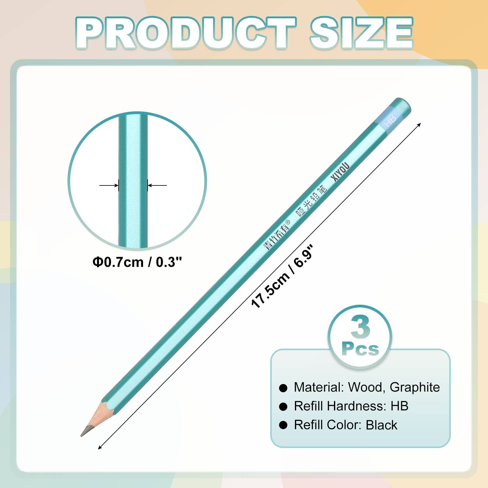 PRODUCT SIZE  
HB  
0.7cm / 0.3"  
XIYOU  
6.9" 17.5cm  
3 Pcs  
Material: Wood, Graphite  
Refill Hardness: HB  
Refill Color: Black