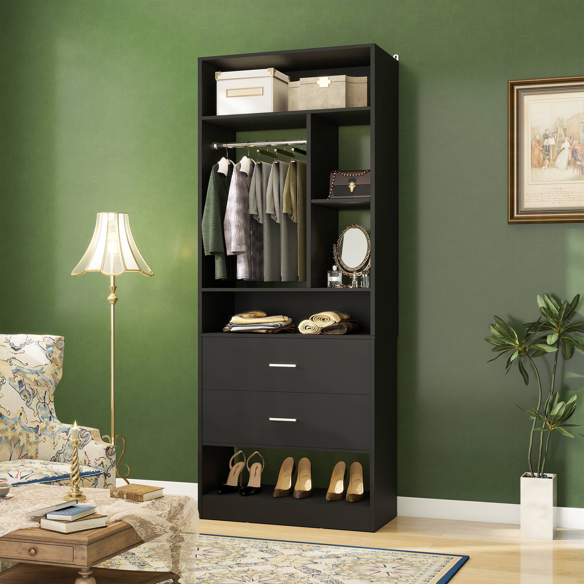 Angle. Aheaplus - 4FT Closet Organizer with 4 Drawers, 10+ Shelves & 2 Rods – Set of 2 (48" L x 15" W x 80" H) - Black.