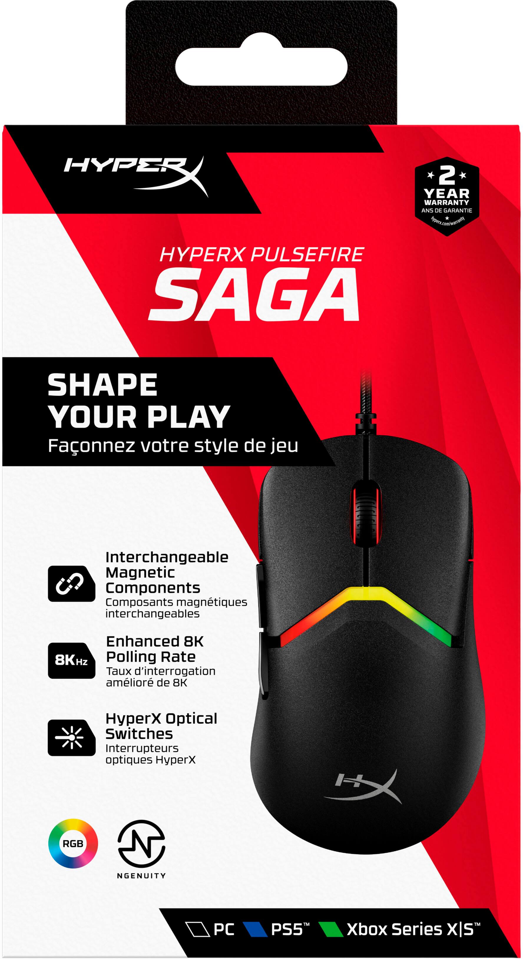 The text on the image reads: "HYPERX PULSEFIRE SAGA SHAPE YOUR PLAY Faonnez votre style de jeu Interchangeable Magnetic Components Composants magntiques interchangeables Enhanced 8K 8KHZ Polling Rate Taux d'interrogation amlior de 8K HyperX Optical Switches Interrupteurs optiques HyperX RGB NGENUITY PC The PS5 M Xbox Series XIS."